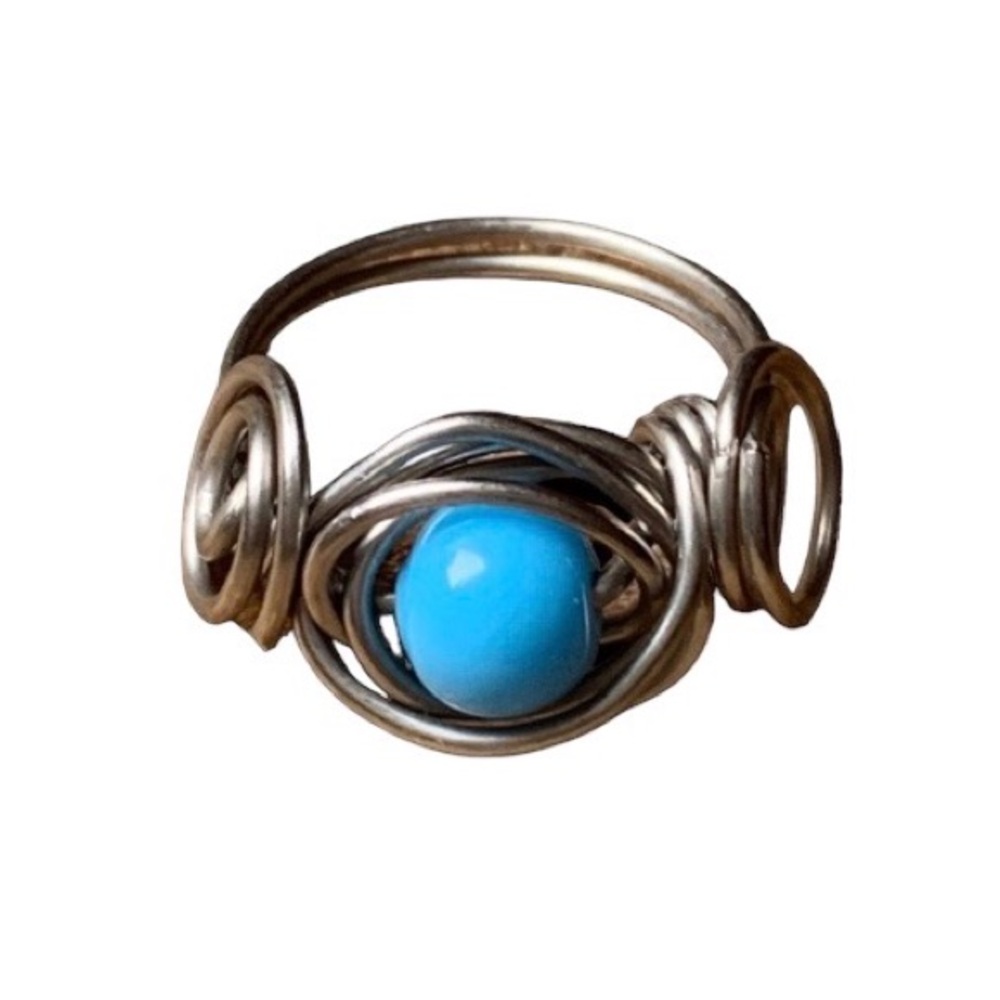 Nested Wire Wrapped Turquoise Blue Bead Ring Artesian Made Woman’s Jewelry